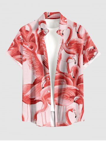 Plus Size Flamingo Print Hawaii Button Pocket Shirt For Men - RED - 5XL