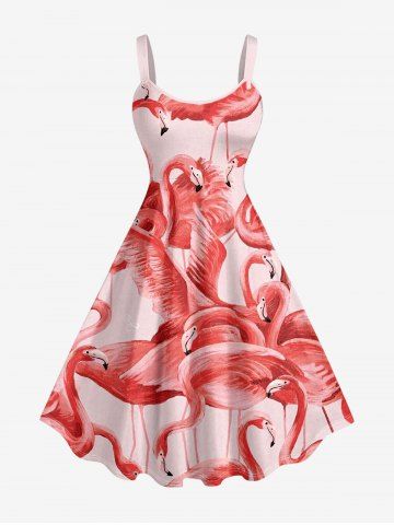 Plus Size Flamingo Print Hawaii A Line Dress - RED - 3X
