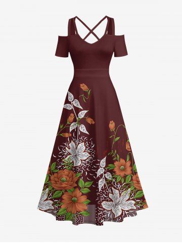 Plus Size Flower Leaf Branch Print Hawaii Cold Shoulder Crisscross A Line Maxi Dress - DEEP COFFEE - S