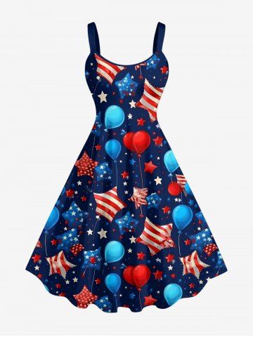 Plus Size Patriotic American Flag Balloon Star Print A Line Dress - DEEP BLUE - 4X