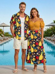 Pineapple Hibiscus Flower Butterfly Print Plus Size Matching Hawaii Beach Outfit For Couples -  