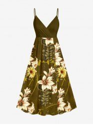 Flower Leaf Branch Print Hawaii Surplice A Line Cami Dress -  