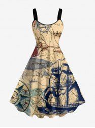 Robe trapèze imprimée voilier grande taille, style croisière hawaïenne - café lumière 1X