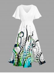 Octopus Print Hawaii Split Pocket A Line Midi Dress - Blanc 6X