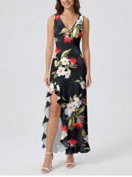 Coconut Tree Tropical Leaf Hibiscus Flower Print Hawaii Ruffles Split Dress -  