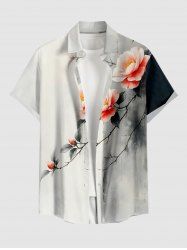 Flower Branch Ink Painting Print Hawaii Button Pocket Shirt For Men - Blanc 3XL