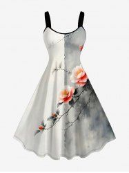Flower Branch Ink Painting Print Hawaii A Line Dress - Blanc XS