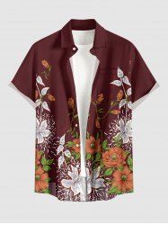 Flower Leaf Branch Print Hawaii Button Pocket Shirt For Men -  