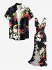 Coconut Tree Tropical Leaf Hibiscus Flower Print Hawaii Ruffles Split Dress -  
