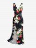 Coconut Tree Tropical Leaf Hibiscus Flower Print Hawaii Ruffles Split Dress -  