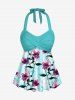 Maillot de bain tankini hawaïen à imprimé fleurs et feuilles, dos nu et jambes courtes, style torsadé. - Turquoise 3X
