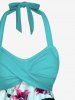 Maillot de bain tankini hawaïen à imprimé fleurs et feuilles, dos nu et jambes courtes, style torsadé. - Turquoise 3X