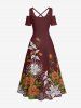 Plus Size Flower Leaf Branch Print Hawaii Cold Shoulder Crisscross A Line Maxi Dress - Café profond XXS