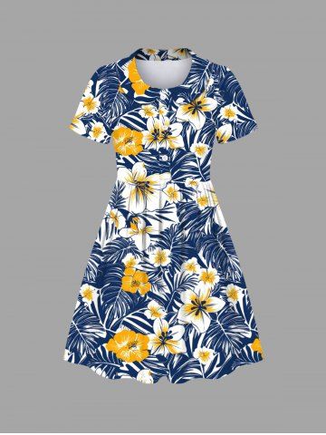 Kid's Tropical Leaf Hibiscus Flower Print Hawaii Dress - DEEP BLUE - 100