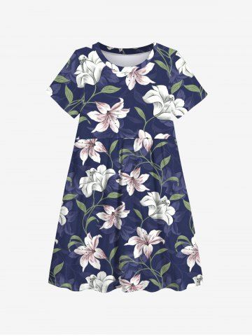 Kid's Flower Leaf Branch Print Hawaii Dress - CADETBLUE - 150
