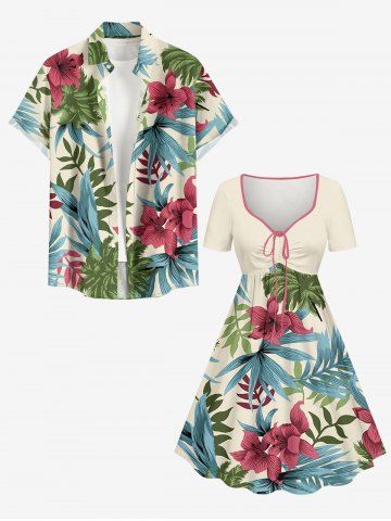Hibiscus Flower Tropical Leaf Print Plus Size Matching Hawaii Beach Outfit For Couples - LIGHT COFFEE