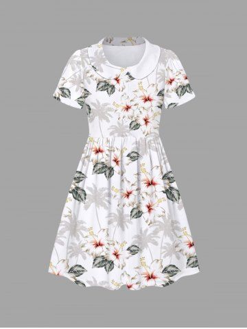 Kid's Coconut Tree Hibiscus Flower Leaf Print Hawaii Button Dress - WHITE - 150