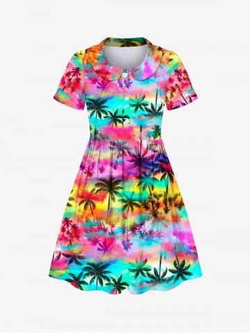 Kid's Coconut Tree Ombre Print Hawaii Button Dress - PURPLE - 150