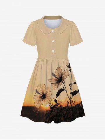 Kid's Hibiscus Flower Sunset Print Hawaii Dress - TAN - 150