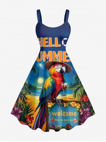 Plus Size Parrot Seascape Print Hawaii A Line Dress - DEEP BLUE - L