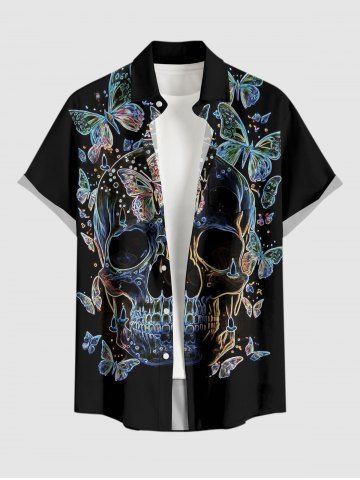 Chemise hawaïenne grande taille pour homme, à imprimé papillons et têtes de mort, boutons et poche. - BLACK - 5XL