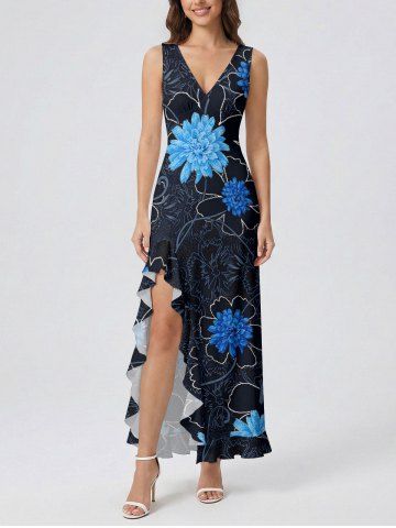 Flowers Print Hawaii Ruffles Split Surplice Dress - BLACK - L