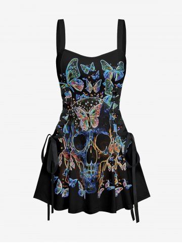 Skull Butterfly Print Lace Up Hawaii Tank Dress - BLACK - XL