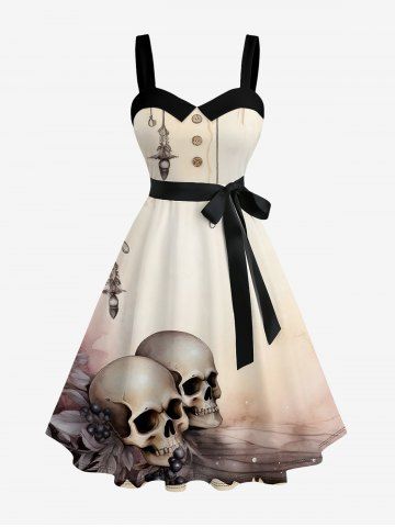 Plus Size Ombre Skulls Print Button A Line Dress with Removable Belt