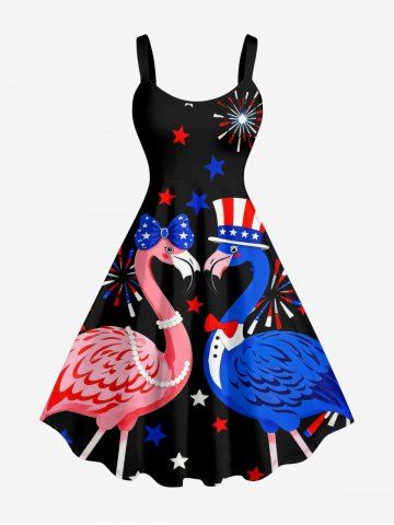 Plus Size Flamingo Patriotic American Flag Print Hawaii A Line Dress - BLACK - S