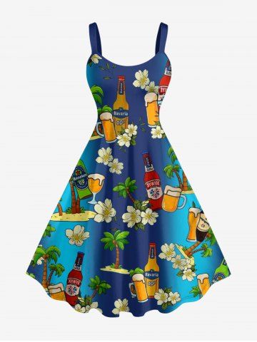 Plus Size Coconut Tree Flower Beer Ombre Print Hawaii A Line Dress - DEEP BLUE - 4X