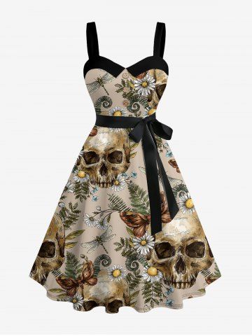 Robe trapèze hawaïenne à boutons, imprimé crânes, papillons, fleurs, feuilles et libellules, avec ceinture amovible - TAN - 6X