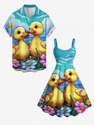 Ensemble de plage hawaïen assorti grande taille avec imprimé canard et fleurs et ciel mignon pour couples - Bleu Ciel 