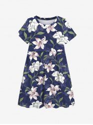 Kid's Flower Leaf Branch Print Hawaii Dress -  