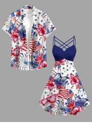 Patriotic American Flag Fireworks Hibiscus Flower Print Matching Outfit For Couples -  
