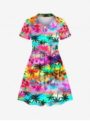 Kid's Coconut Tree Ombre Print Hawaii Button Dress -  