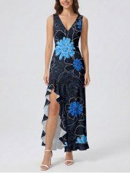 Robe hawaïenne à imprimé floral, volants et fente cache-cœur - Noir S