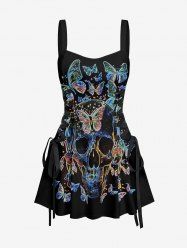Skull Butterfly Print Lace Up Hawaii Tank Dress -  