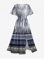 Ethnic Floral Pattern Tribal Print Split Hawaii Midi Dress -  