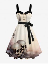 Ombre Skulls Print Button A Line Dress with Removable Belt -  
