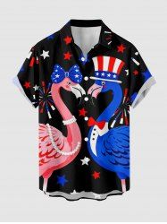 Flamingo Patriotic American Flag Print Hawaii Button Pocket Shirt For Men -  