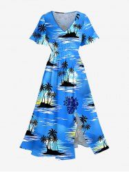 Tropical Leaf Hibiscus Flower Coconut Tree Sea Print Hawaii Split Pocket A Line Midi Dress - Bleu Ciel 4X