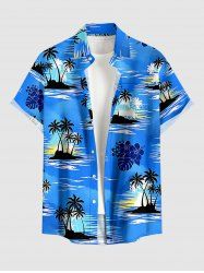Tropical Leaf Hibiscus Flower Coconut Tree Sea Print Hawaii Button Pocket Shirt For Men -  