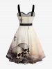 Ombre Skulls Print Button A Line Dress with Removable Belt -  