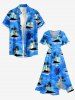 Tropical Leaf Hibiscus Flower Coconut Tree Sea Print Hawaii Split Pocket A Line Midi Dress - Bleu Ciel 4X