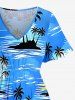 Tropical Leaf Hibiscus Flower Coconut Tree Sea Print Hawaii Split Pocket A Line Midi Dress - Bleu Ciel 4X