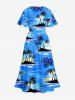 Tropical Leaf Hibiscus Flower Coconut Tree Sea Print Hawaii Split Pocket A Line Midi Dress - Bleu Ciel 4X