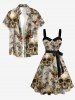 Robe trapèze hawaïenne à boutons, imprimé crânes, papillons, fleurs, feuilles et libellules, avec ceinture amovible - Bronze S