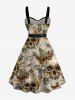 Robe trapèze hawaïenne à boutons, imprimé crânes, papillons, fleurs, feuilles et libellules, avec ceinture amovible - Bronze S