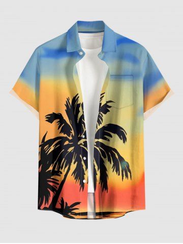 Plus Size Coconut Tree Ombre Colorblock Print Buttons Pocket Hawaii Shirt For Men - ORANGE - M