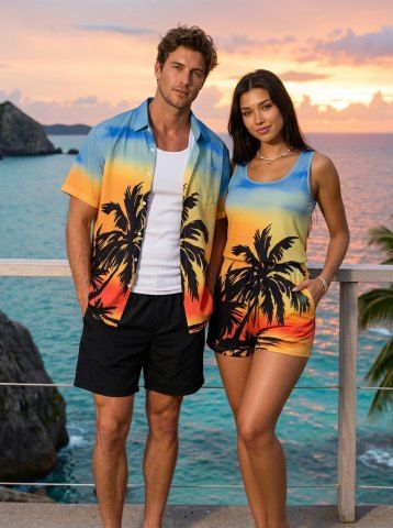 Ensemble hawaïen assorti chemise et barboteuse grande taille, tenue de plage à imprimé colorblock ombré cocotier pour couples - ORANGE